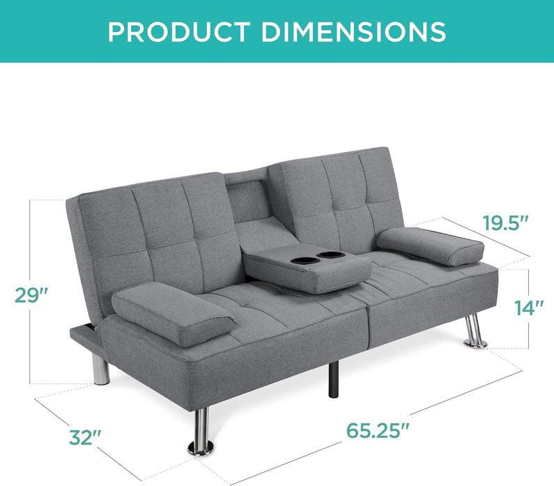 Best Choice Products Linen Upholstered Modern Convertible Folding Futon Sofa Bed for Compact Living Space, Apartment, Dorm, Bonus Room w/Removable Armrests, Metal Legs, 2 Cupholders - Gray