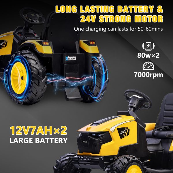 3-in-1 Ride-On Tractor, 24V Electric, Excavator & Bulldozer, Remote Control, LED, Music, USB/Bluetooth max 66 lbs – Bright-yellow