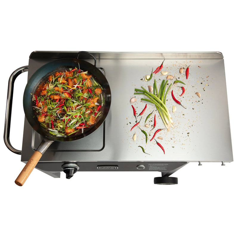 Cuisinart Outdoor Wok Station, 50,000 BTU Propane Outdoor Wok Burner w Prep Table, 14 Carbon Steel Wok for Stir Fry, Searing, BBQ Black