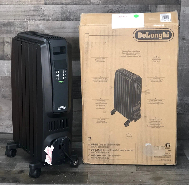 De'Longhi Oil Filled Radiator Space Heater, Quiet 1500W, Adjustable Thermostat, 3 Heat Settings, Timer, Energy Saving, Safety Features, White, Dragon TRD40615EBKCA, Black