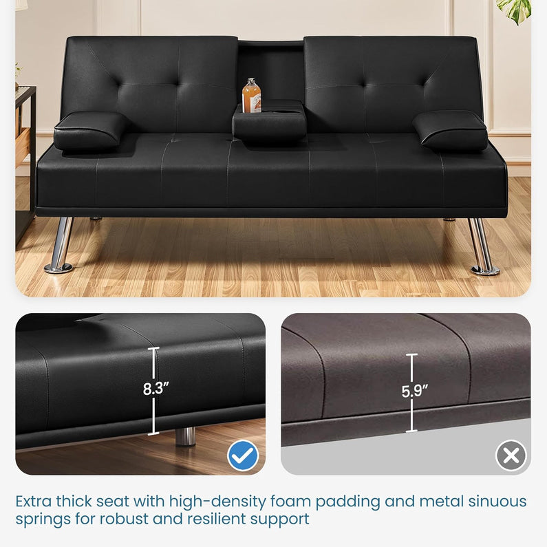 Yaheetech Convertible Sofa Bed Adjustable Couch Sleeper Modern Faux Leather Home Recliner Reversible Loveseat Folding Daybed Guest Bed, Removable Armrests, Cup Holders, 3 Angles, 772lb Capacity, Black