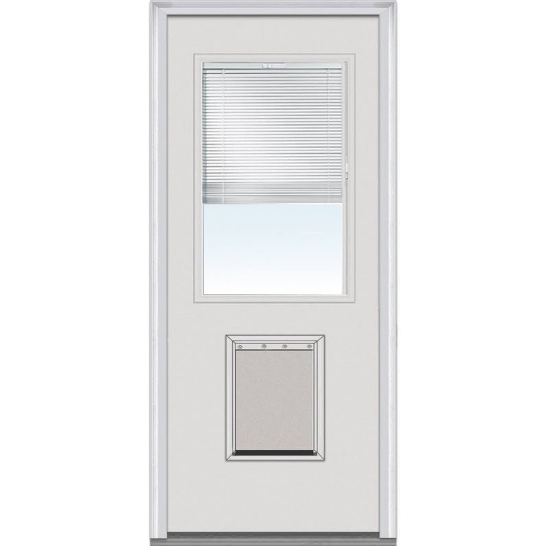 National Door Company Steel Exterior Door, Primed, 1/2 Lite with Clear Glass Internal Blinds & Pet Door, Right Hand Inswing, 32x80