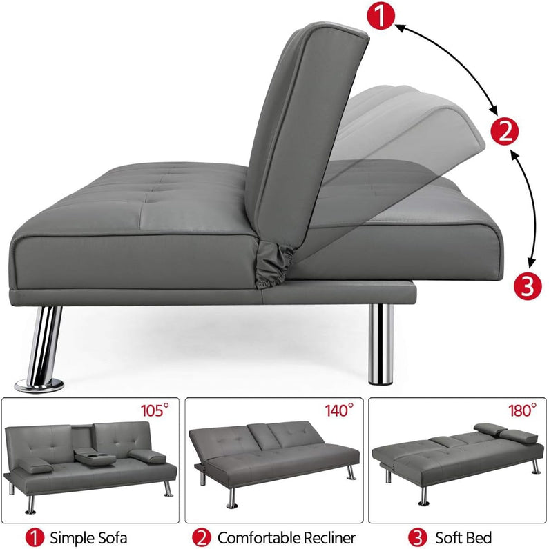 Yaheetech Convertible Sofa Bed Adjustable Couch Sleeper Modern Faux Leather Home Recliner Reversible Loveseat Folding Daybed Guest Bed, Removable Armrests, Cup Holders, 3 Angles, 772lb Capacity, Black