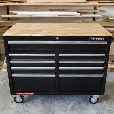 46-in W x 24.5-in D 9-Drawer Mobile Workbench with Hardwood Top and Power Station Gloss Black