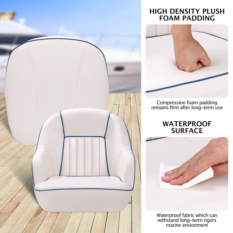 Pontoon Boat Seat, Captains Bucket Boat Seat, Back Folding Boat, Boat Cabin Seating – White & Blue