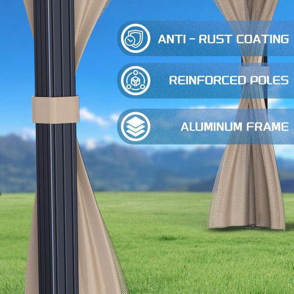 10'x10′ Hardtop Gazebo with double metal roof, aluminum frame, net, and curtain. All-weather, ideal for patio, deck, garden, backyard. Khaki.