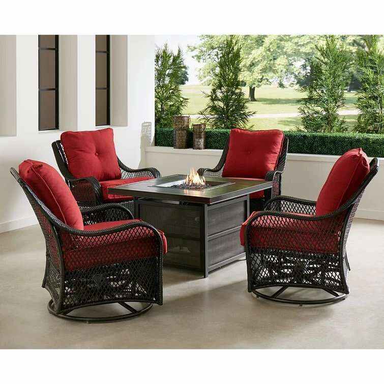 Orleans 5-Piece Steel Patio Fire Pit Conversation Set with Navy Blue Cushions, Swivel Gliders and Square Fire Pit Table