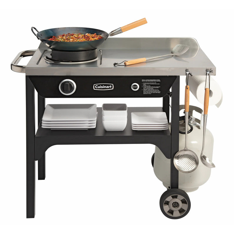 Cuisinart Outdoor Wok Station, 50,000 BTU Propane Outdoor Wok Burner w Prep Table, 14 Carbon Steel Wok for Stir Fry, Searing, BBQ Black
