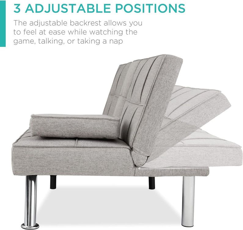 Best Choice Products Linen Upholstered Modern Convertible Folding Futon Sofa Bed for Compact Living Space, Apartment, Dorm, Bonus Room w/Removable Armrests, Metal Legs, 2 Cupholders - Gray