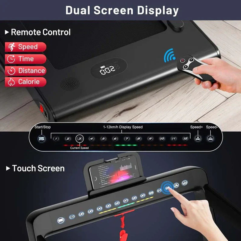 2 in 1 Folding Treadmill, 2.25HP Under Desk Electric Treadmill, Portable Walking Running Machine with Dual Display & Smart App Control