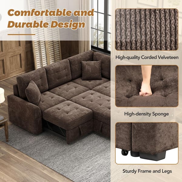 82.6 in. L Shaped Corded Velveteen Modern Sectional Sofa Pull-out Sleeper Sofa in. Brown with USB Ports, Power Sockets