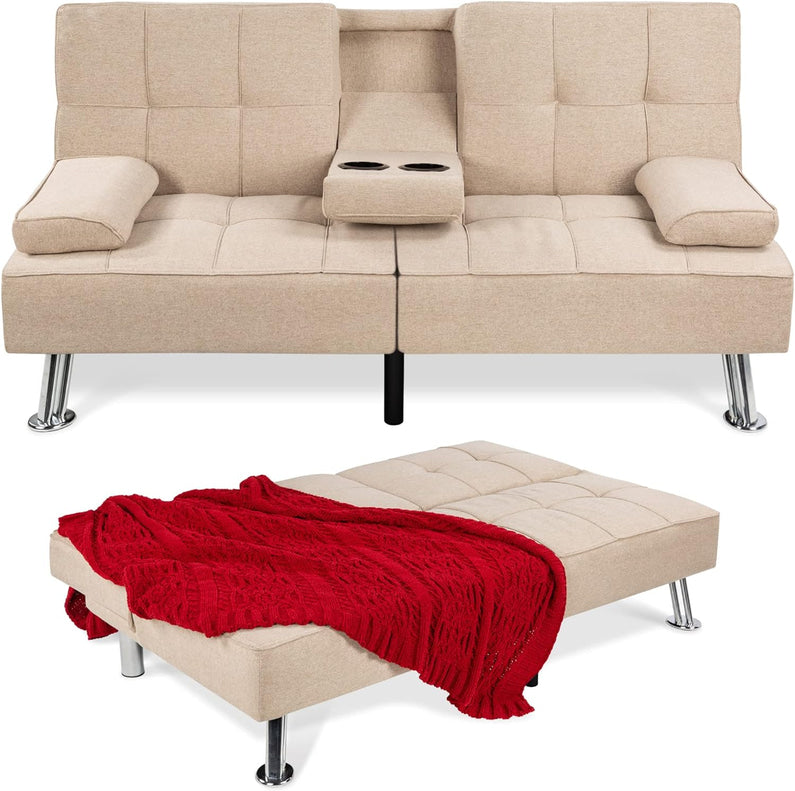 Best Choice Products Linen Upholstered Modern Convertible Folding Futon Sofa Bed for Compact Living Space, Apartment, Dorm, Bonus Room w/Removable Armrests, Metal Legs, 2 Cupholders - Gray