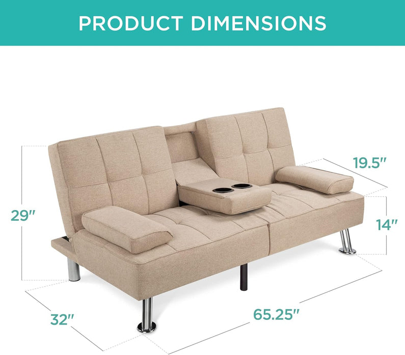 Best Choice Products Linen Upholstered Modern Convertible Folding Futon Sofa Bed for Compact Living Space, Apartment, Dorm, Bonus Room w/Removable Armrests, Metal Legs, 2 Cupholders - Gray