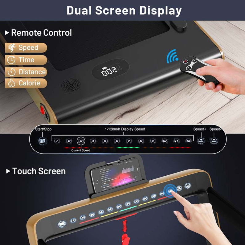 2 in 1 Folding Treadmill, 2.25HP Under Desk Electric Treadmill, Portable Walking Running Machine with Dual Display & Smart App Control