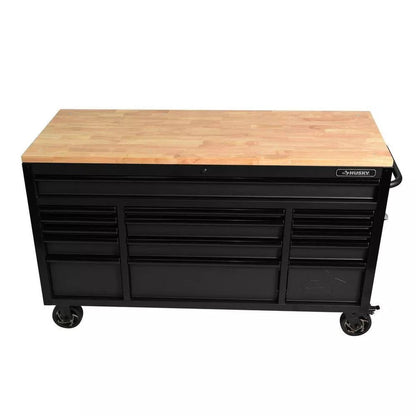 Heavy Duty 61 in. W x 23 in. D 15-Drawer Mobile Workbench with Solid Wood Top