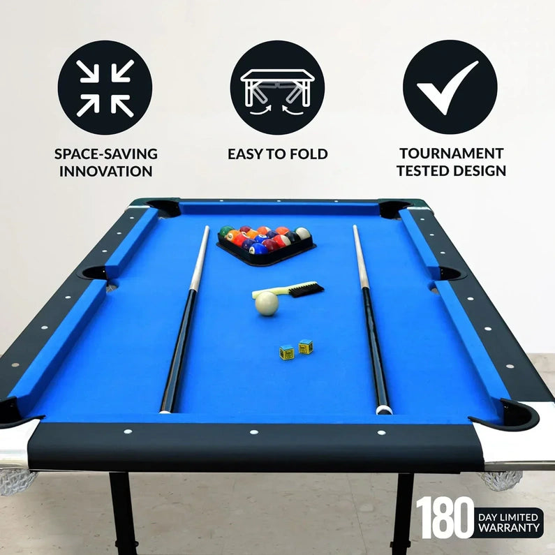 6 Ft Portable Pool Table, Adults Folding Billiards Tables for Game Room with Easy Foldable Storage, Includes Full Set of Billiard Balls, Cues, Chalk & Brush
