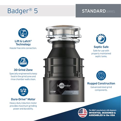 InSinkErator Badger 5 Garbage Disposal, 1/2 HP Continuous Feed, Durable Steel, Easy Install