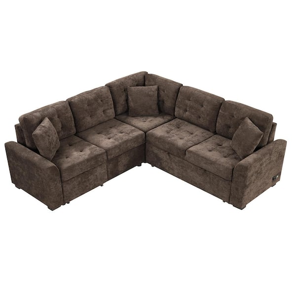 82.6 in. L Shaped Corded Velveteen Modern Sectional Sofa Pull-out Sleeper Sofa in. Brown with USB Ports, Power Sockets