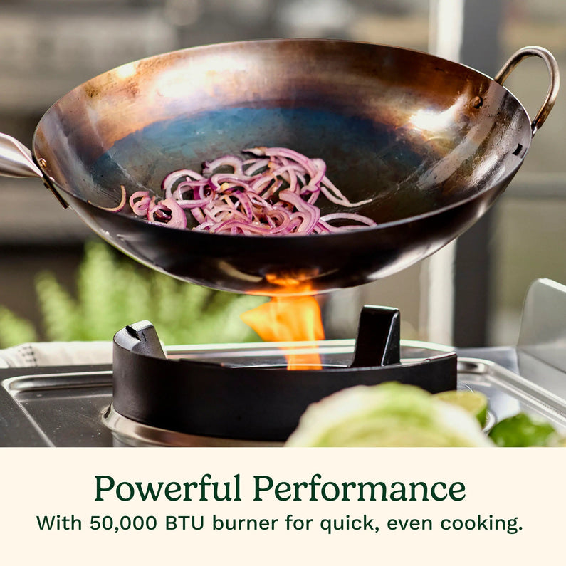 Cuisinart Outdoor Wok Station, 50,000 BTU Propane Outdoor Wok Burner w Prep Table, 14 Carbon Steel Wok for Stir Fry, Searing, BBQ Black