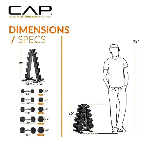 CAP Barbell 150 LB Coated Hex Dumbbell Weight Set with Vertical Rack, Black
