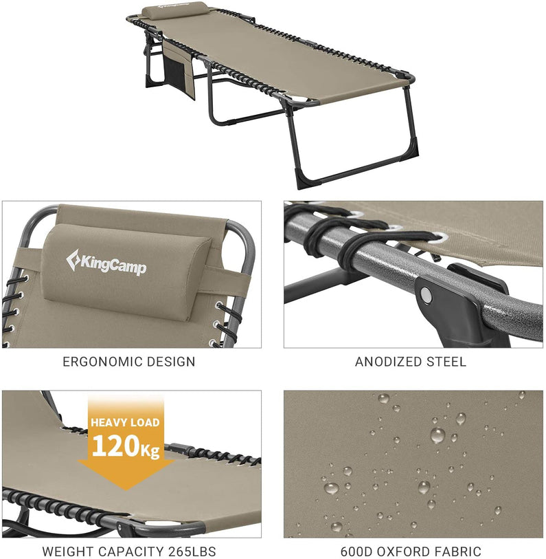 Adjustable 4-Position Folding Chaise Lounge Chair with Pillow Pocket, Supports 265lbs