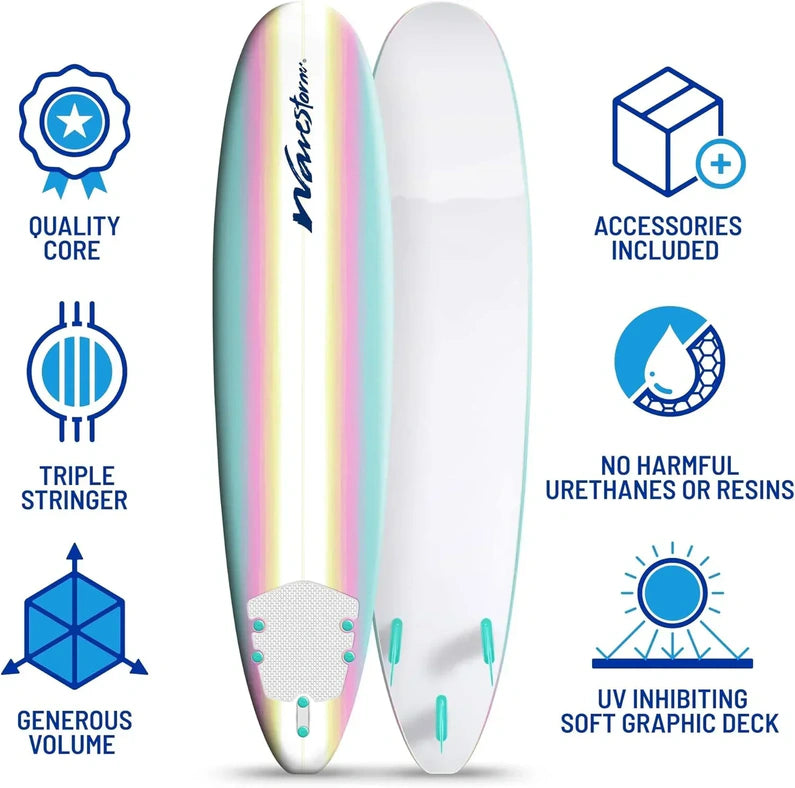 Wavestorm 8ft Classic Surfboard // Foam Wax Free Soft Top Longboard for Adults and Kids of All Levels of Surfing