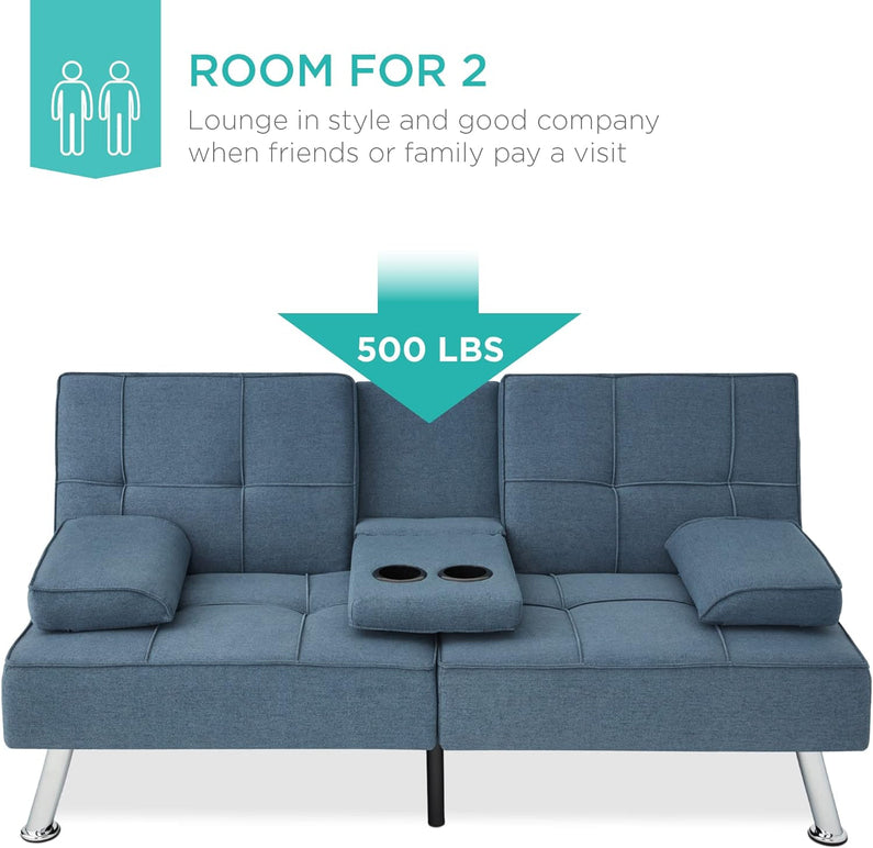 Best Choice Products Linen Upholstered Modern Convertible Folding Futon Sofa Bed for Compact Living Space, Apartment, Dorm, Bonus Room w/Removable Armrests, Metal Legs, 2 Cupholders - Gray