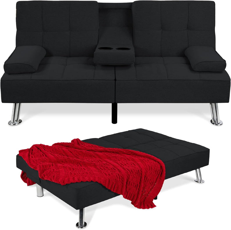 Best Choice Products Linen Upholstered Modern Convertible Folding Futon Sofa Bed for Compact Living Space, Apartment, Dorm, Bonus Room w/Removable Armrests, Metal Legs, 2 Cupholders - Gray