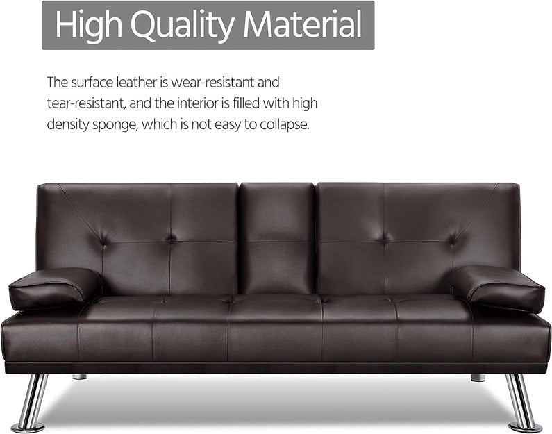 Yaheetech Convertible Sofa Bed Adjustable Couch Sleeper Modern Faux Leather Home Recliner Reversible Loveseat Folding Daybed Guest Bed, Removable Armrests, Cup Holders, 3 Angles, 772lb Capacity, Black