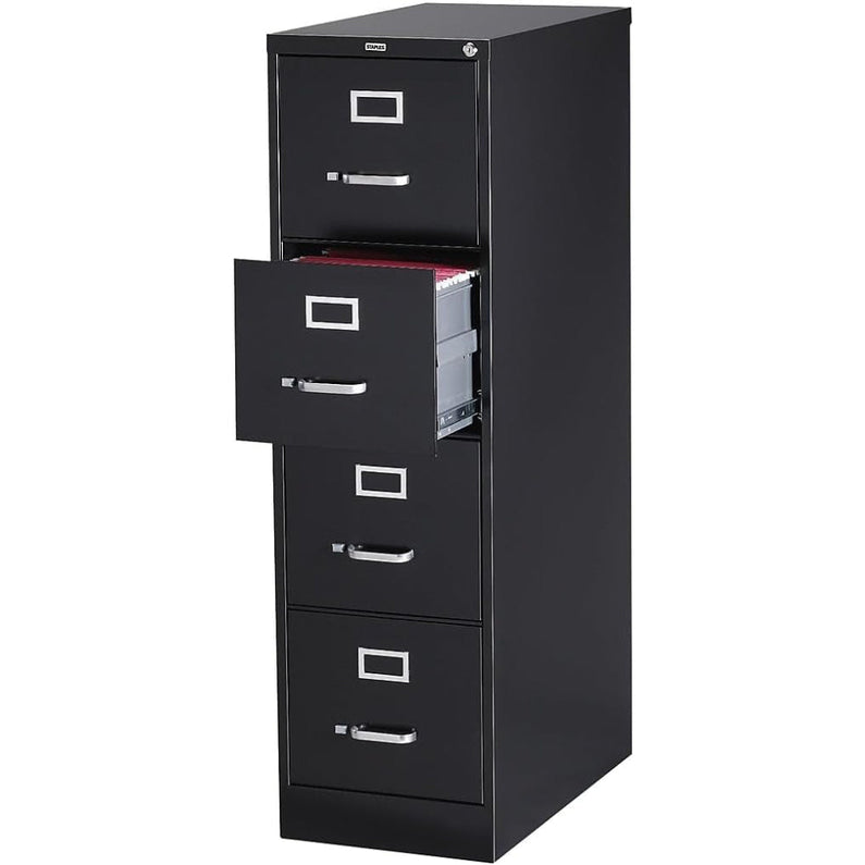 STAPLES 4-Drawer File Cabinet, Lockable, Black, 25"D x 15"W