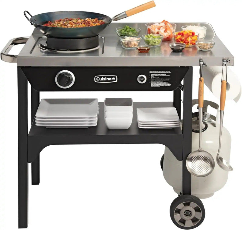 Cuisinart Outdoor Wok Station, 50,000 BTU Propane Outdoor Wok Burner w Prep Table, 14 Carbon Steel Wok for Stir Fry, Searing, BBQ Black