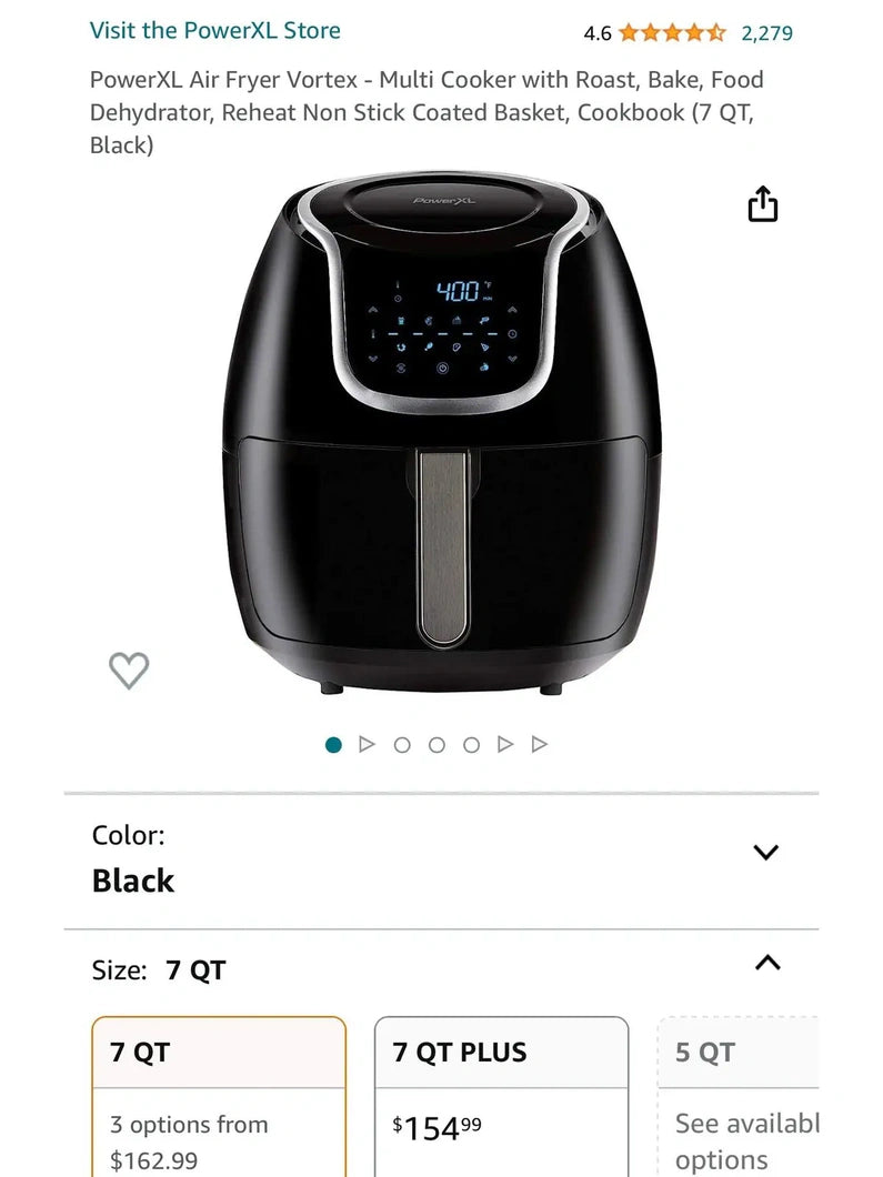 PowerXL Air Fryer Vortex Multi-Cooker, Roast/Bake/Dehydrate/Reheat, Non-Stick Basket, Includes Cookbook