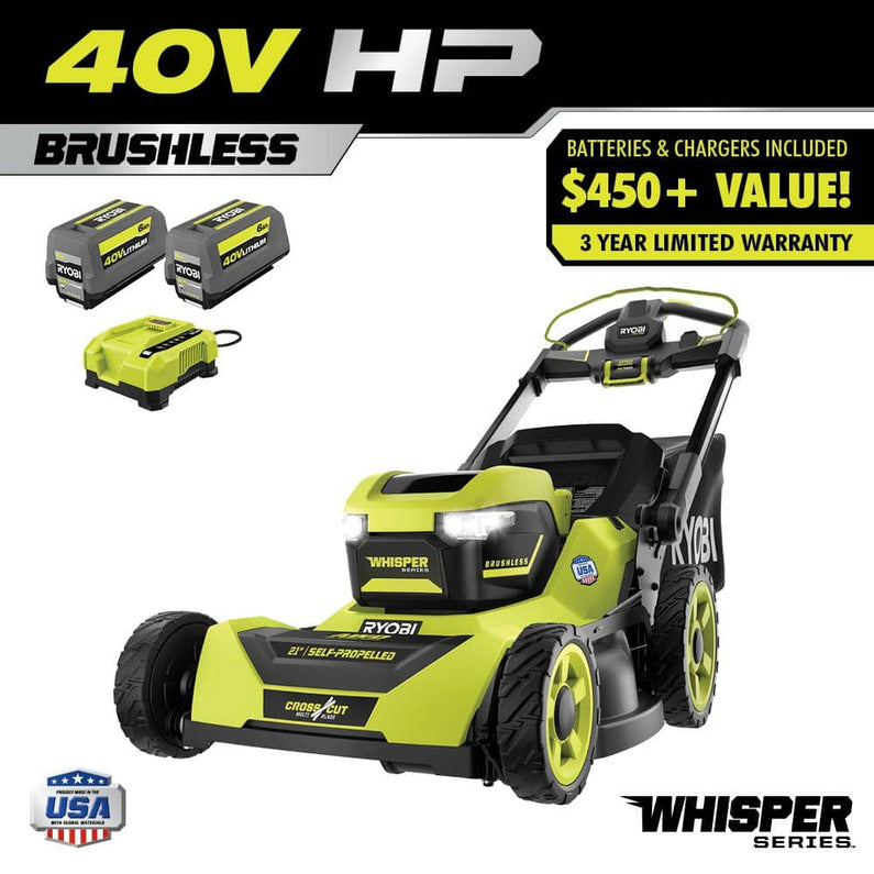 Ryobi 40V HP Brushless 21-in Self-Propelled AWD Lawn Mower Whisper Series ncludes (2) 6.0Ah Batteries and Charger