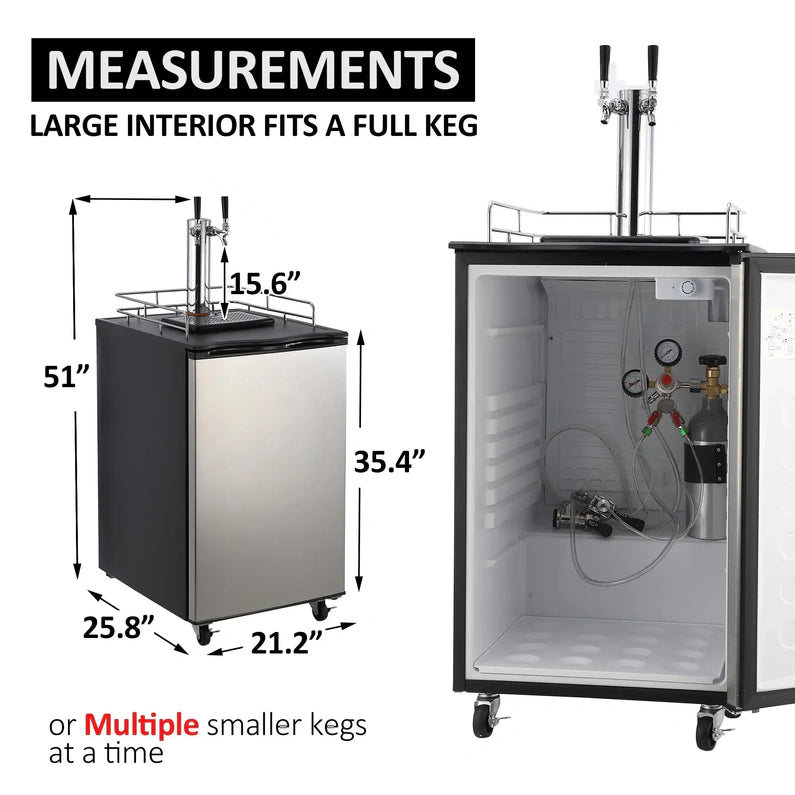 Beer Kegerator, Dual Tap Draft Beer Dispenser, Full Size Stainless Steel Keg Refrigerator With Drip Tray, CO2 Cylinder, 32°F- 50°F Temperature Control, 170L