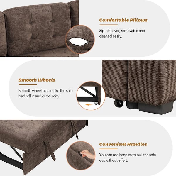 82.6 in. L Shaped Corded Velveteen Modern Sectional Sofa Pull-out Sleeper Sofa in. Brown with USB Ports, Power Sockets