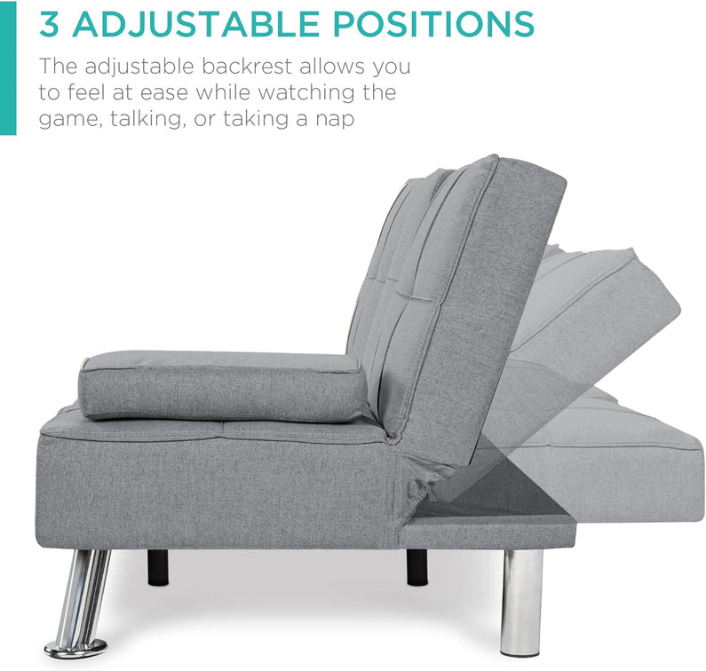 Best Choice Products Linen Upholstered Modern Convertible Folding Futon Sofa Bed for Compact Living Space, Apartment, Dorm, Bonus Room w/Removable Armrests, Metal Legs, 2 Cupholders - Gray