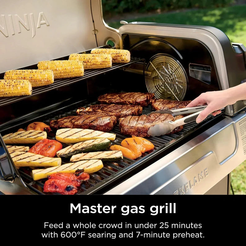 Ninja FlexFlame, Grill and Smoker, Electric and Propane Grill, Roaster, BBQ Grill, 5-in-1 Cooking System, 3 Burner, Digital Control, Outdoor Cooking, Griddle, Pizza Maker, Stainless Steel, PG301