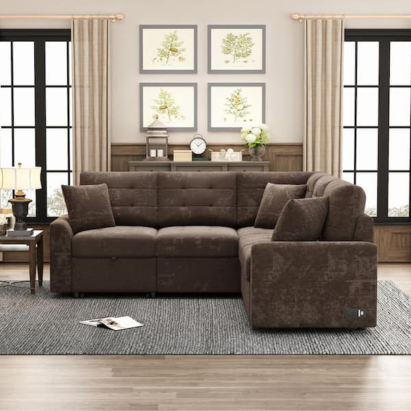 82.6 in. L Shaped Corded Velveteen Modern Sectional Sofa Pull-out Sleeper Sofa in. Brown with USB Ports, Power Sockets