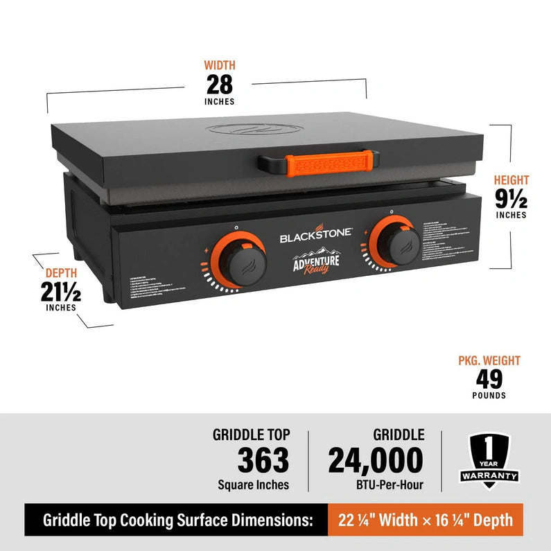 Blackstone Adventure Ready 22 Propane Griddle Gift Bundle, Black Includes Griddle, Hardcover, Carry Bag, 24,000 BTU Burners, Rear Grease System