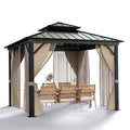 10'x10′ Hardtop Gazebo with double metal roof, aluminum frame, net, and curtain. All-weather, ideal for patio, deck, garden, backyard. Khaki.
