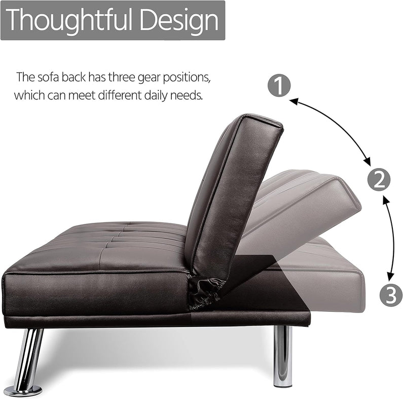 Yaheetech Convertible Sofa Bed Adjustable Couch Sleeper Modern Faux Leather Home Recliner Reversible Loveseat Folding Daybed Guest Bed, Removable Armrests, Cup Holders, 3 Angles, 772lb Capacity, Black