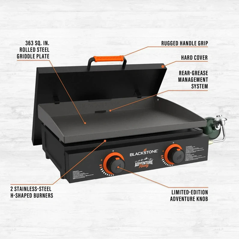 Blackstone Adventure Ready 22 Propane Griddle Gift Bundle, Black Includes Griddle, Hardcover, Carry Bag, 24,000 BTU Burners, Rear Grease System