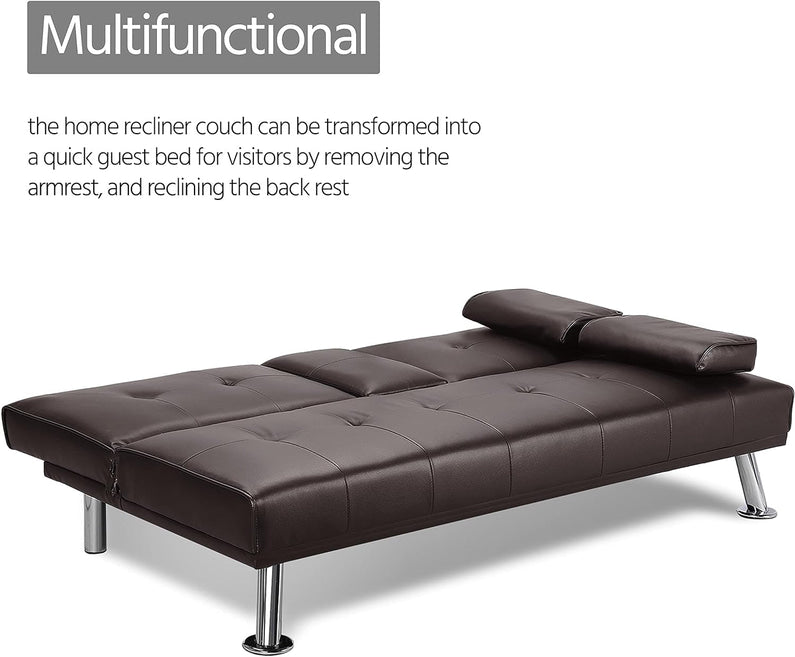 Yaheetech Convertible Sofa Bed Adjustable Couch Sleeper Modern Faux Leather Home Recliner Reversible Loveseat Folding Daybed Guest Bed, Removable Armrests, Cup Holders, 3 Angles, 772lb Capacity, Black