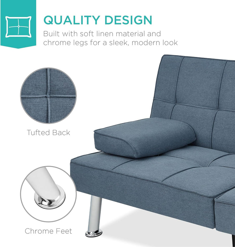 Best Choice Products Linen Upholstered Modern Convertible Folding Futon Sofa Bed for Compact Living Space, Apartment, Dorm, Bonus Room w/Removable Armrests, Metal Legs, 2 Cupholders - Gray