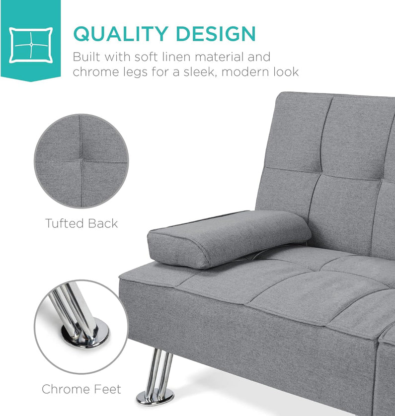 Best Choice Products Linen Upholstered Modern Convertible Folding Futon Sofa Bed for Compact Living Space, Apartment, Dorm, Bonus Room w/Removable Armrests, Metal Legs, 2 Cupholders - Gray