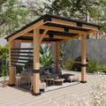 10x12FT Heavy Duty Premium Outdoor All-Season Wooden Cedar Hardtop Gazebo With Metal Roof & Back Curtains (SAK57184)