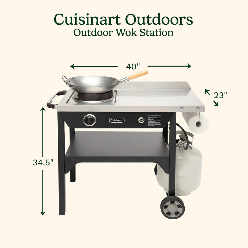 Cuisinart Outdoor Wok Station, 50,000 BTU Propane Outdoor Wok Burner w Prep Table, 14 Carbon Steel Wok for Stir Fry, Searing, BBQ Black