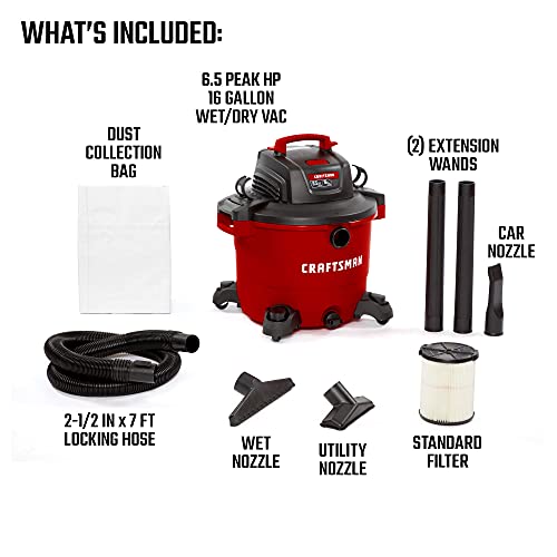 16 Gallon 6.5 Peak HP Wet/Dry Vac, Heavy-Duty Shop Vacuum