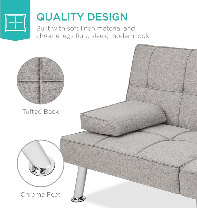 Best Choice Products Linen Upholstered Modern Convertible Folding Futon Sofa Bed for Compact Living Space, Apartment, Dorm, Bonus Room w/Removable Armrests, Metal Legs, 2 Cupholders - Gray