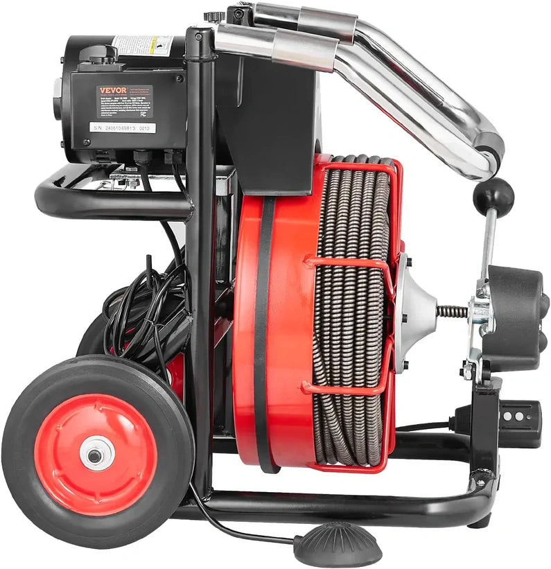 Drain Cleaner Machine 100FT x 1/2 Inch, Auto Feed Sewer Snake Auger on Wheels, 550W Portable Drain Cleaning Machine with 8 Cutters & Air-activated Foot Switch for 2" to 4" Pipes